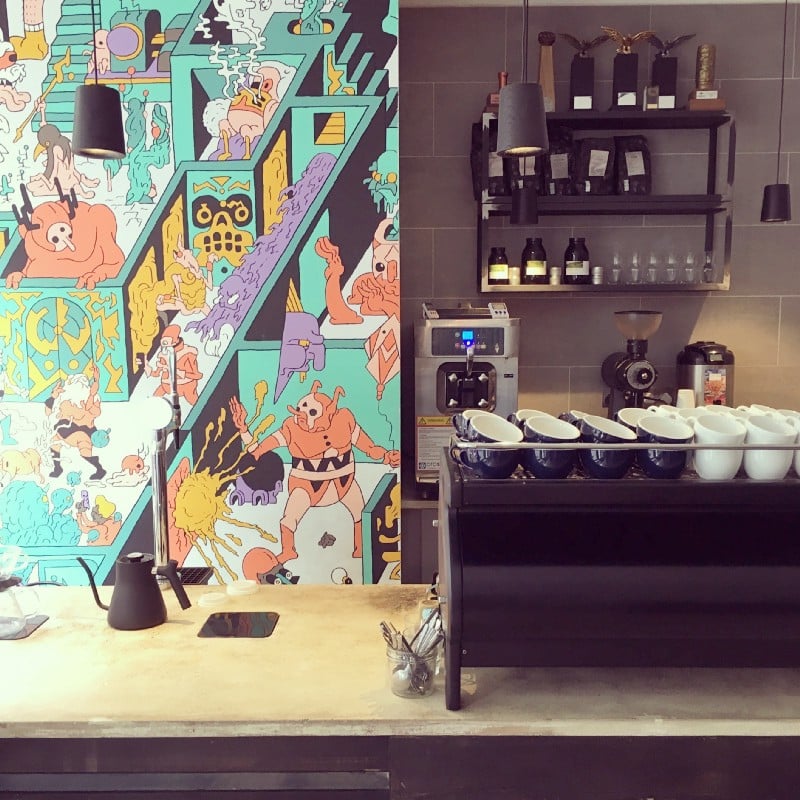 Origin Coffee in Shoreditch has a customised black La Marzocco Strada. The shop is partly a showcase for their wholesale clients.